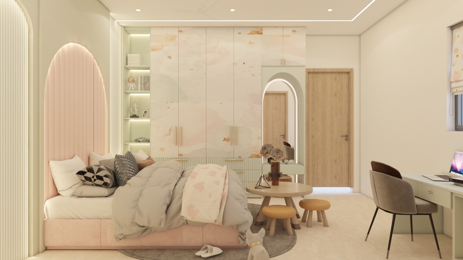 Children's suite — watercolour wardrobe, integrated study and a play table on a soft round rug.