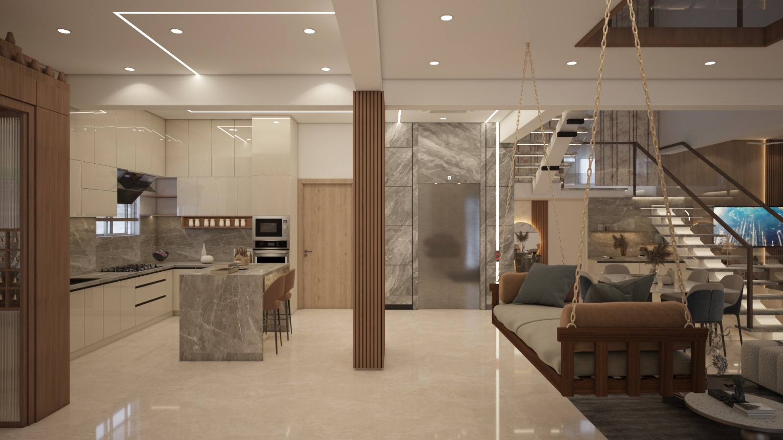 Kitchen looking onto the family lounge — wooden swing, marble flooring, and a lift core in stone.