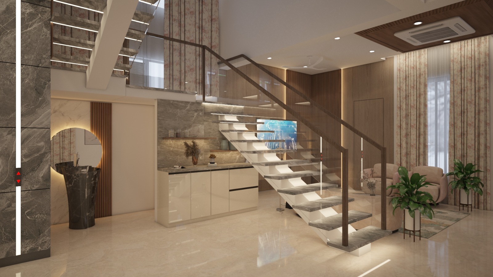 Floating marble staircase — glass balustrade against a stone-clad lift wall.