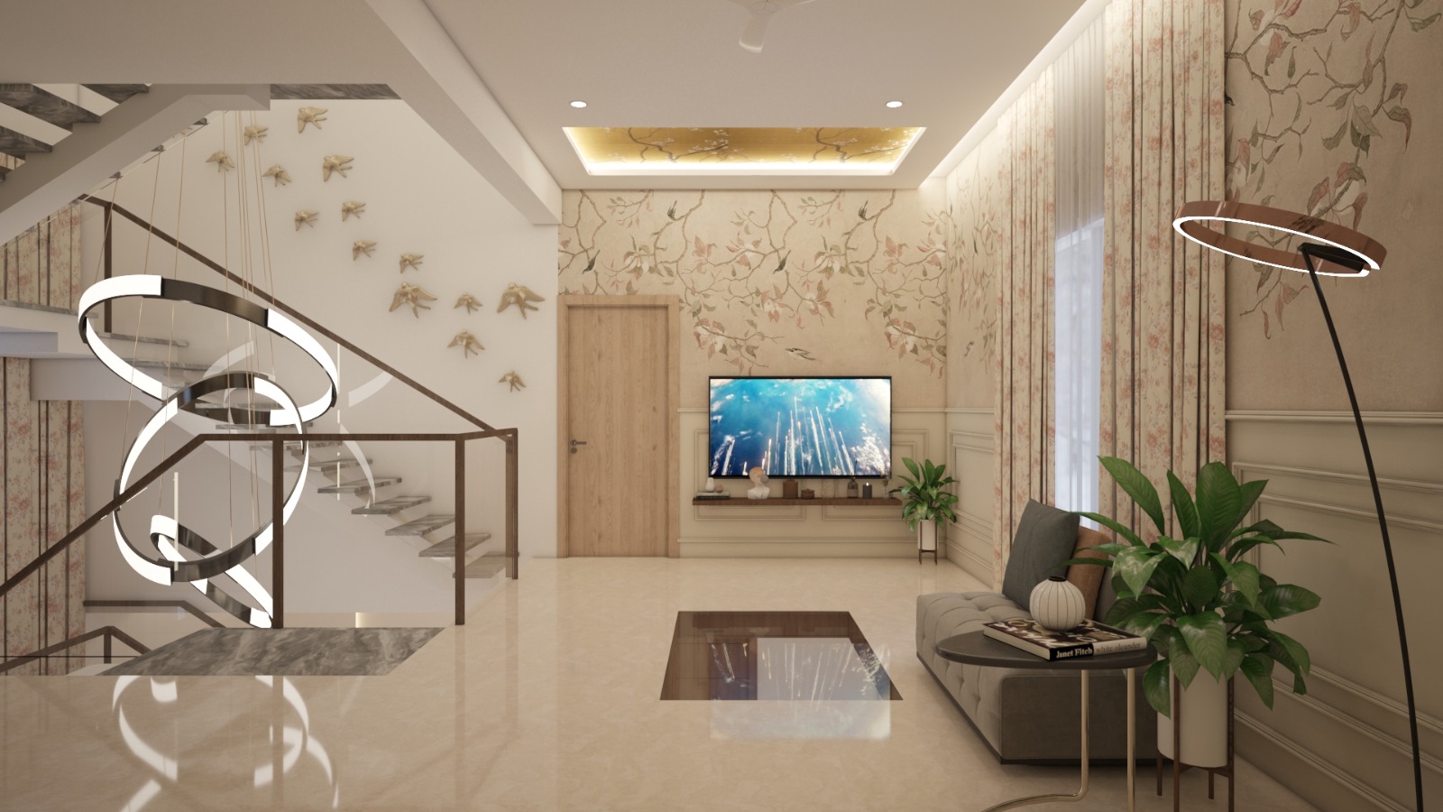 Foyer lounge — chinoiserie wallpaper, gilded ceiling inset and a sculptural ring chandelier.