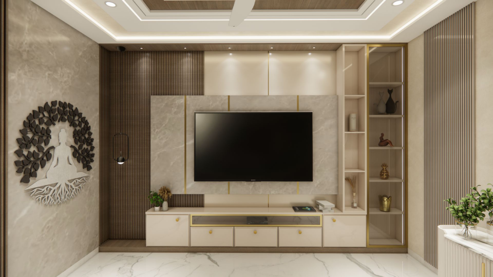 TV wall — fluted timber with brass reveals, integrated open shelving and a low cream console.
