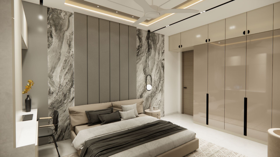 Primary bedroom — bookmatched marble headboard wall with fluted upholstery and glossy wardrobes.
