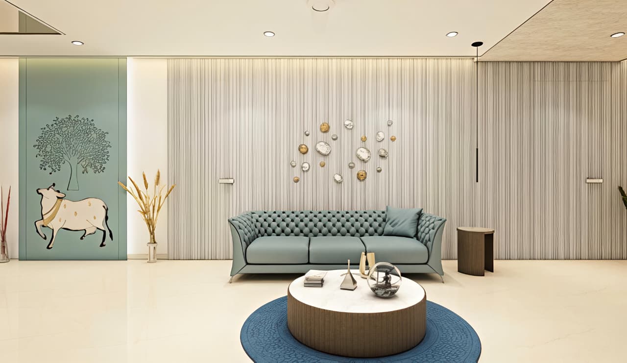 Formal living — tufted sofa centered on a Pichwai-inspired feature wall.