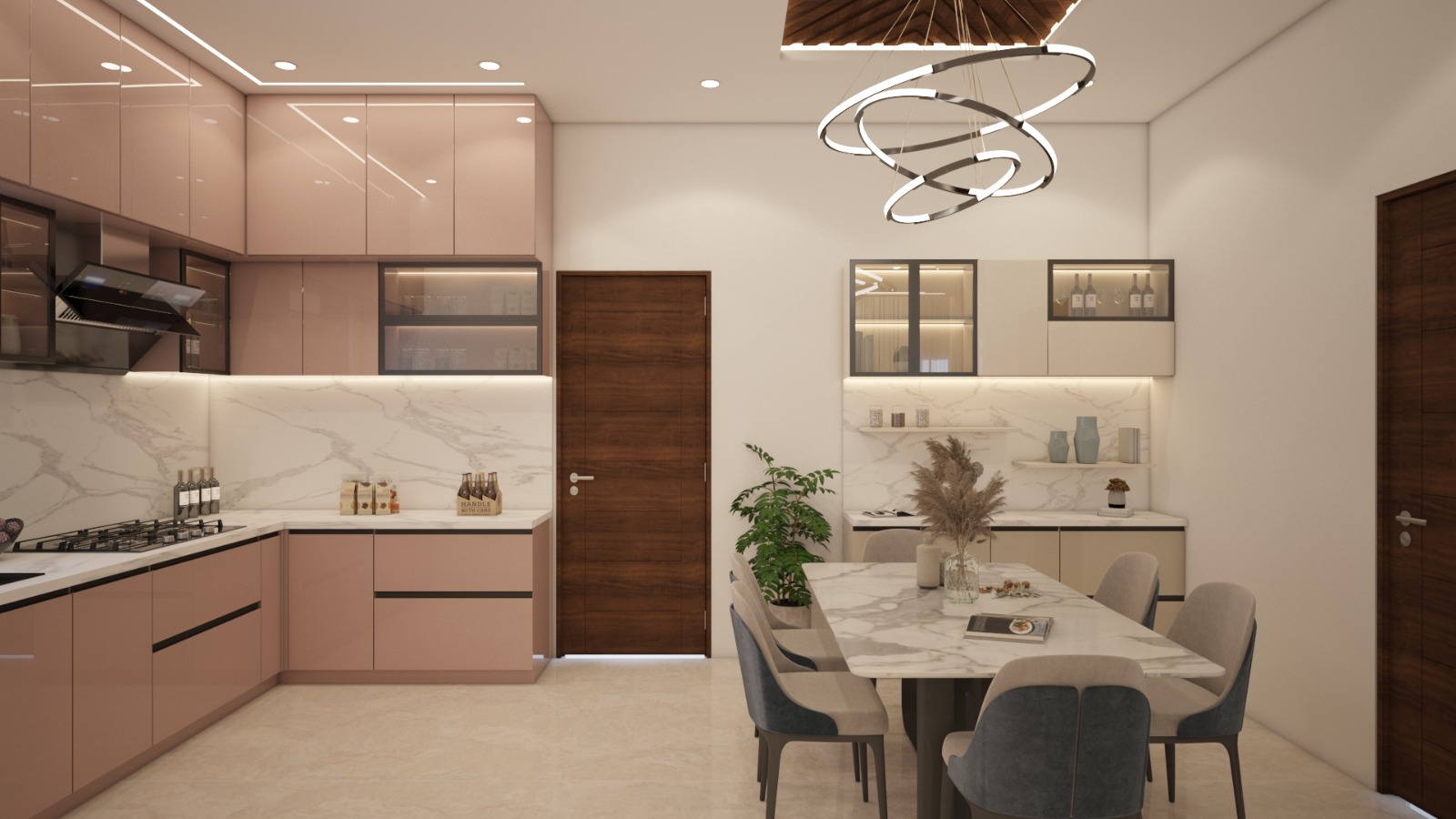 Kitchen and dining — blush lacquer cabinetry, Calacatta backsplash and a sculptural ring chandelier.