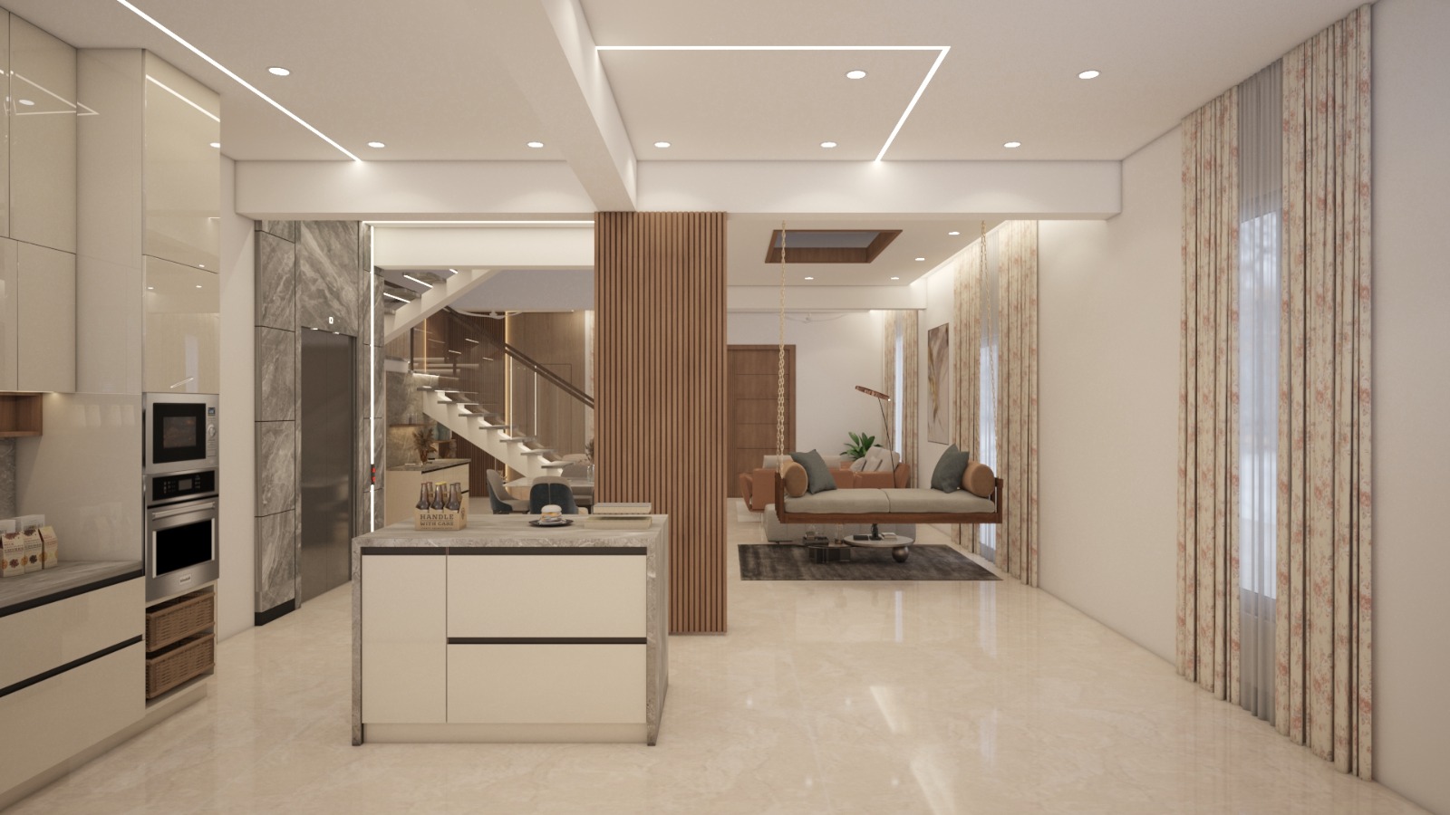 Island kitchen opening to the swing lounge — fluted timber screen as a soft divider.