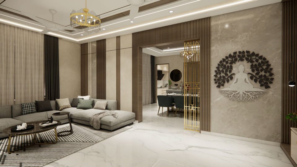 Living lounge looking into the dining — Buddha tree art on stone, brass jali partition and a striped runner rug.