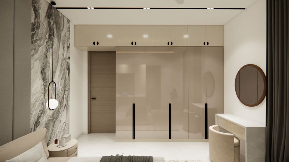 Dressing room — high-gloss wardrobes with brass slot handles and a built-in vanity.