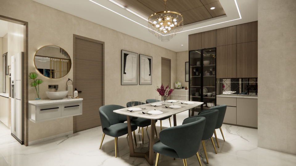 Dining — eight-seat marble table, teal velvet chairs and a crystal chandelier under a wood ceiling inset.