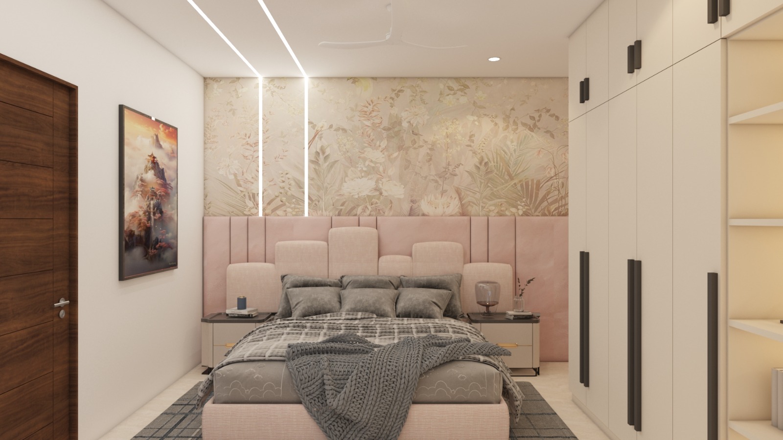 Primary bedroom — botanical mural framed by light slots and a tufted blush headboard wall.