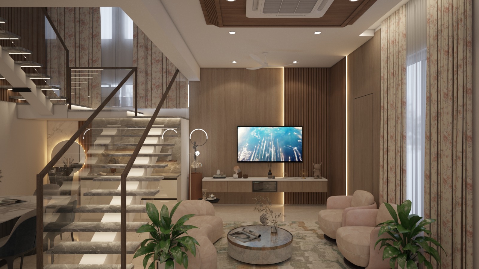 Living lounge — fluted oak TV wall with concealed cove lighting and a double-height stair.