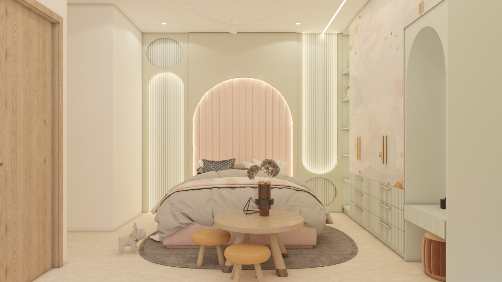 Children's room — pistachio millwork with a peach fluted arch headboard and arched dressing nook.