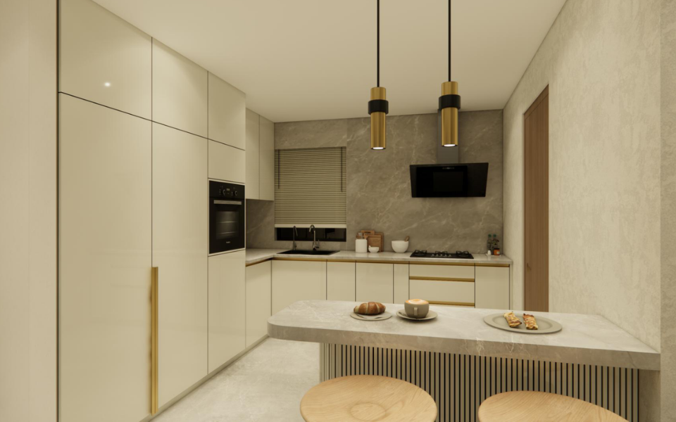 Modular kitchen — handleless ivory cabinetry, integrated column appliances and a stone breakfast counter.