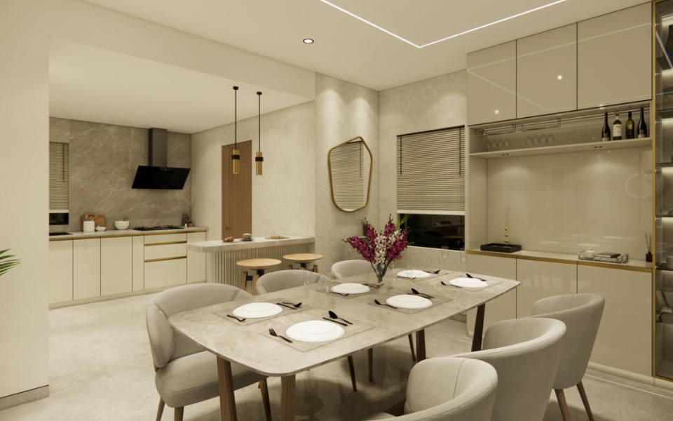 Dining — marble-top table for eight set against a glass-fronted crockery wall and a sculptural mirror.