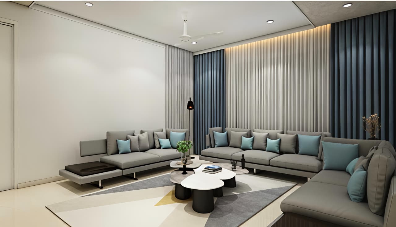 Family lounge — layered seating against pleated drapery and accent lighting.