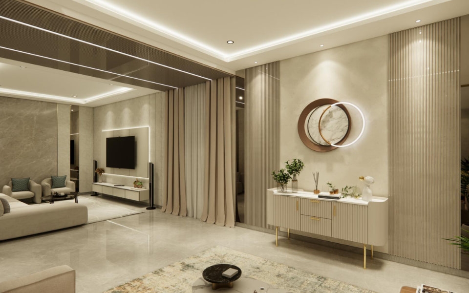 Drawing room — fluted timber feature wall with a backlit marble medallion and a curved sideboard on slim brass legs.