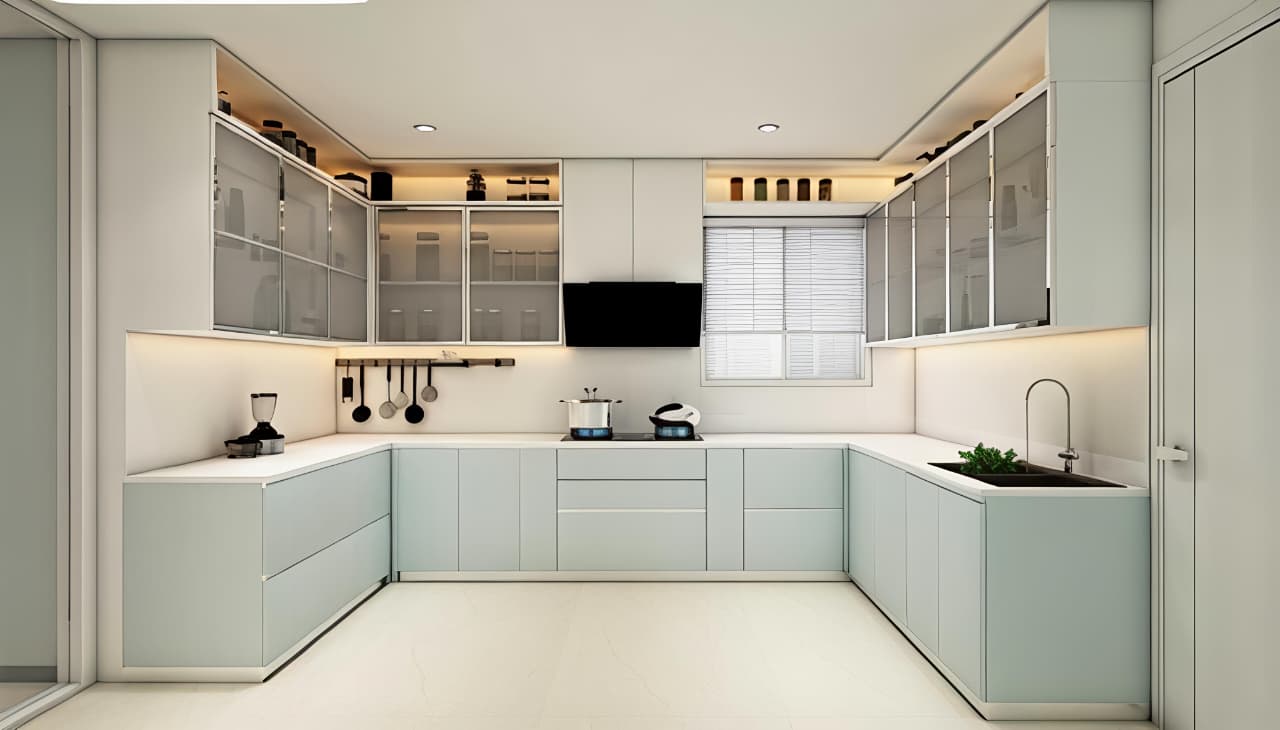 Modular kitchen — soft mint cabinetry with frosted glass uppers and concealed task lighting.