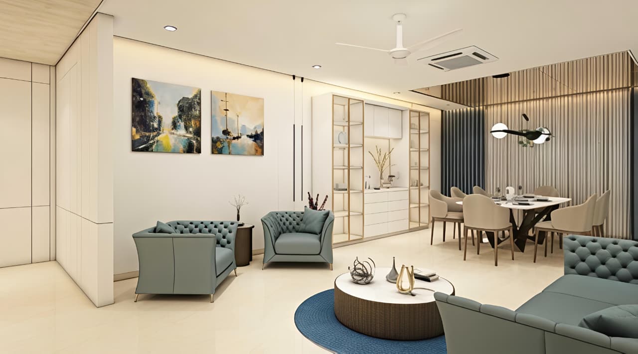 Open plan — bespoke crockery unit framed by fluted timber and warm cove lighting.