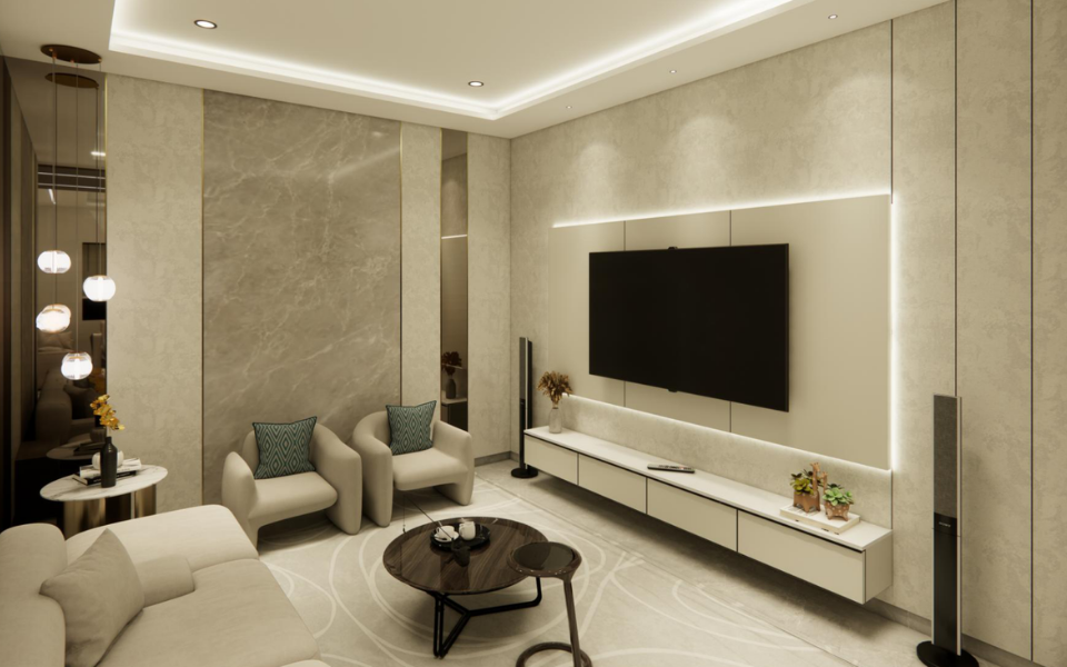 Family living — marble TV wall with concealed cove lighting and a pair of sculptural lounge chairs.