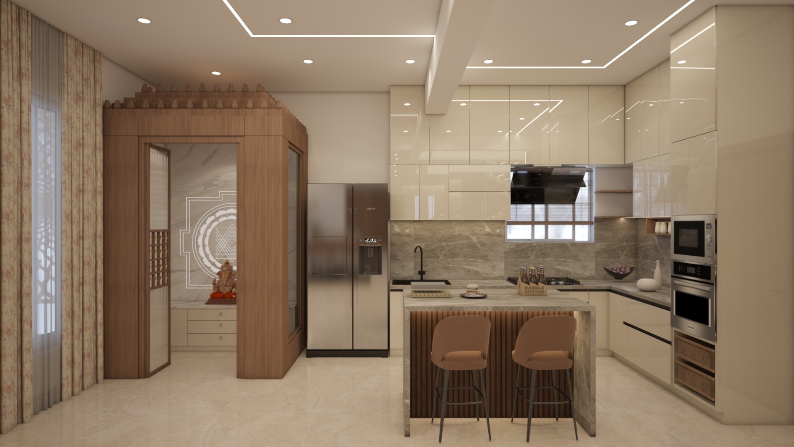 Modular kitchen with integrated pooja room framed in carved teak and Sri Yantra detailing.