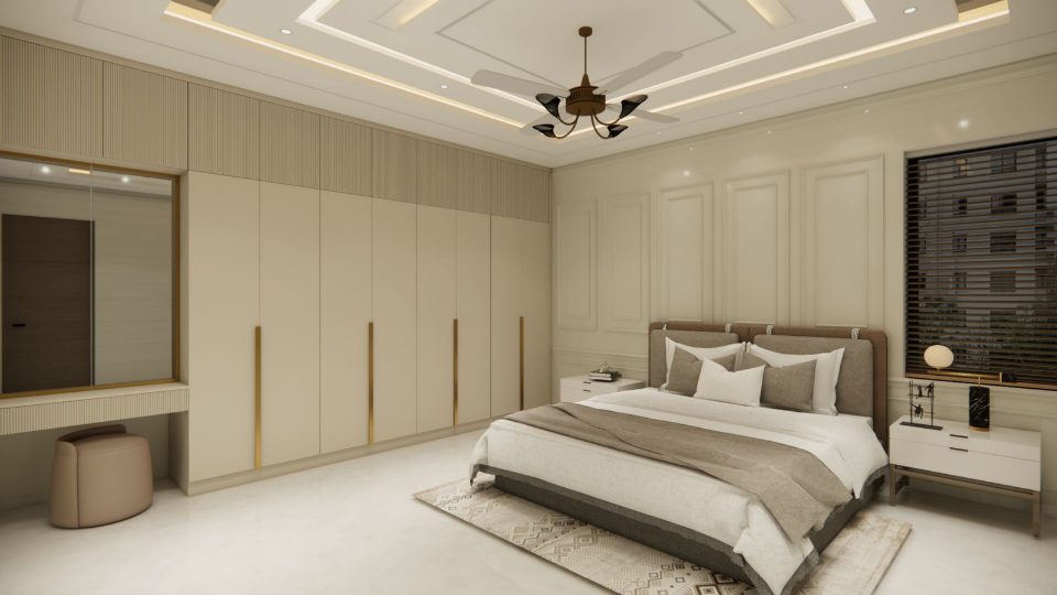 Second primary — paneled wall, brass-pull wardrobes and a tailored upholstered bed.