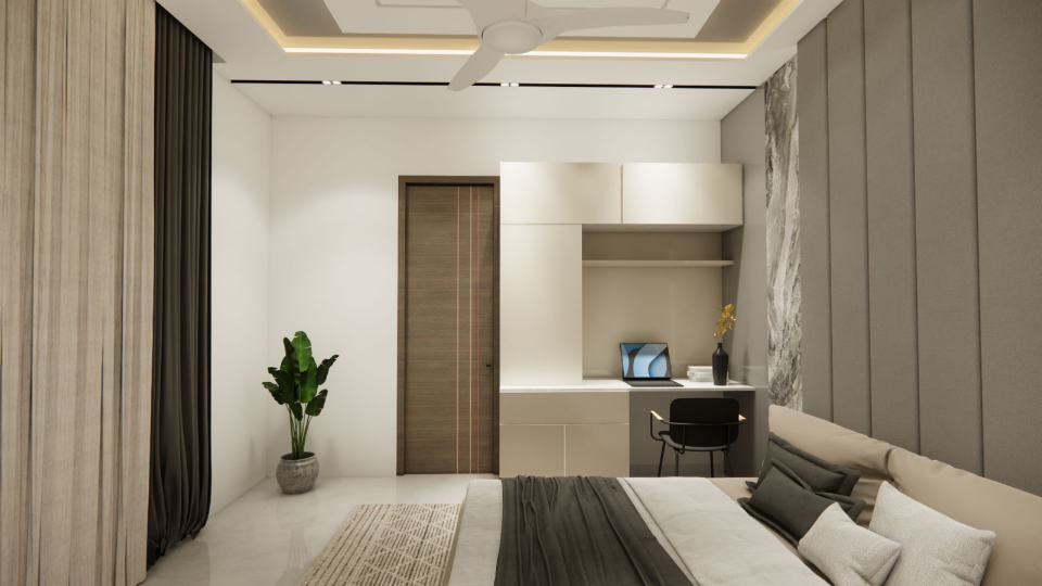 Bedroom study — integrated desk and shelving framed by marble and a textured headboard wall.