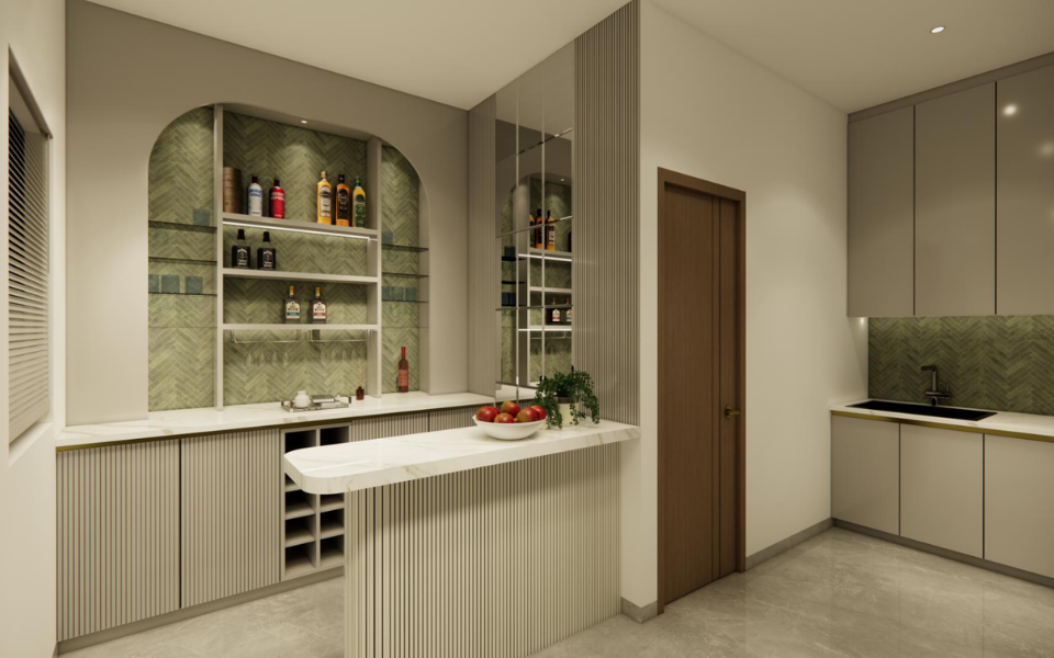 Home bar — arched herringbone-tiled niche with mirrored backing and a fluted stone counter.