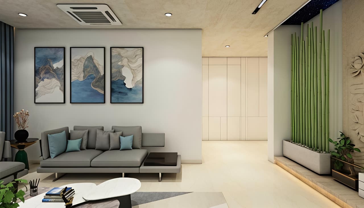 Casual lounge — triptych artwork with a sculptural bamboo divider.