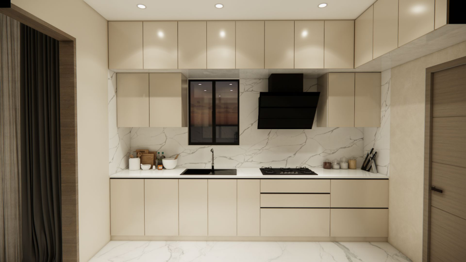 Modular kitchen — handleless ivory cabinetry with a full-height Statuario backsplash.
