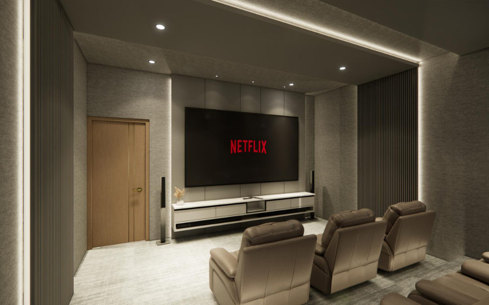 Home theatre — acoustically panelled walls with LED cove lighting and tiered recliner seating.