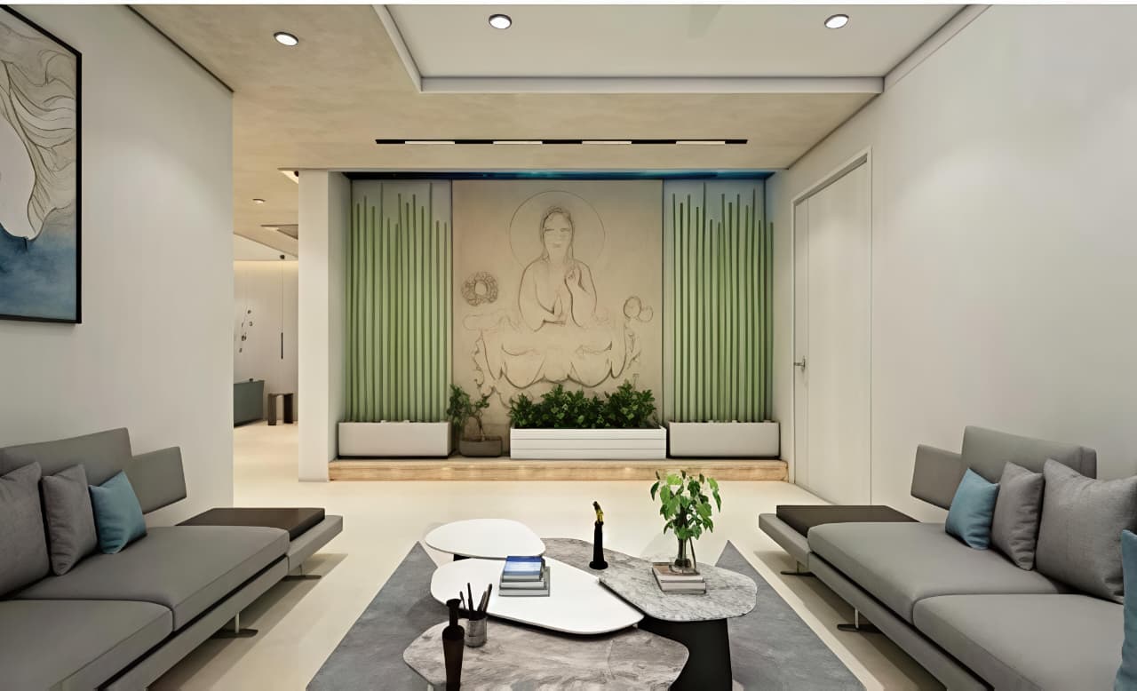 Meditation room — carved Buddha relief framed by bamboo and a planter ledge.