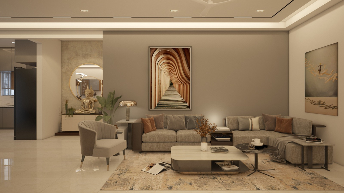 Living room composition — grey sectional, sculpted coffee table, curated art.
