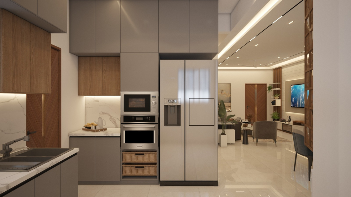 Drawing room — chandelier, elegant partitions, light-filled openness.